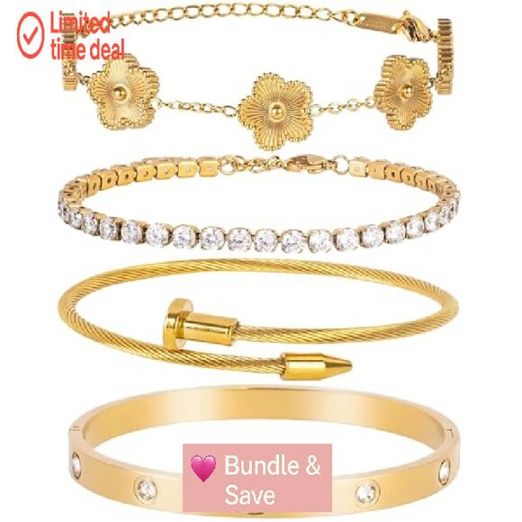 18K Gold Plated Tennis Bracelet Set, 4-Piece Stackable, Adjustable, Stainless - Picture 2 of 8